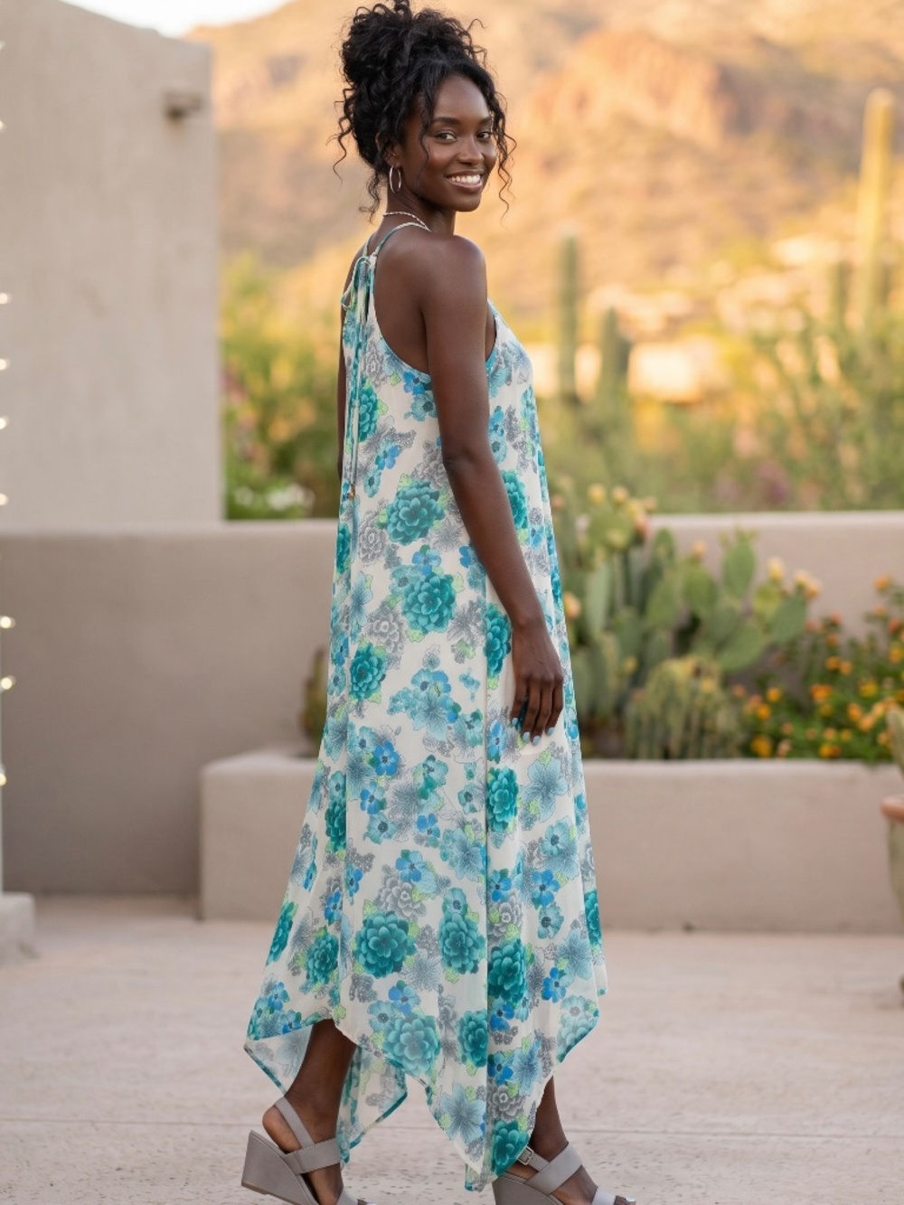 Lovestitch White Blue Floral Asymmetrical Midi Dress | Flowy Handkerchief Hem - Picture 5 of 6